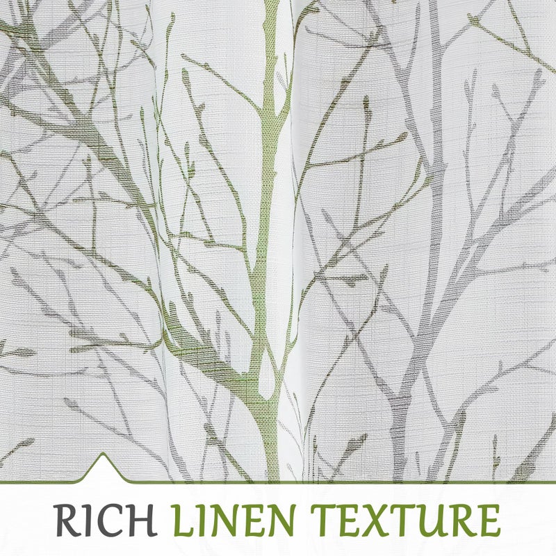 FMFUNCTEX Linen Semi Sheer Curtains for Bedroom, Sage Green White Curtains 72 Inches Long for Living Room, Grey Tree Branch PPrint Curtain Light Filtering Farmhouse Window Drapes, Grommet Top 2 Panels - Image 4